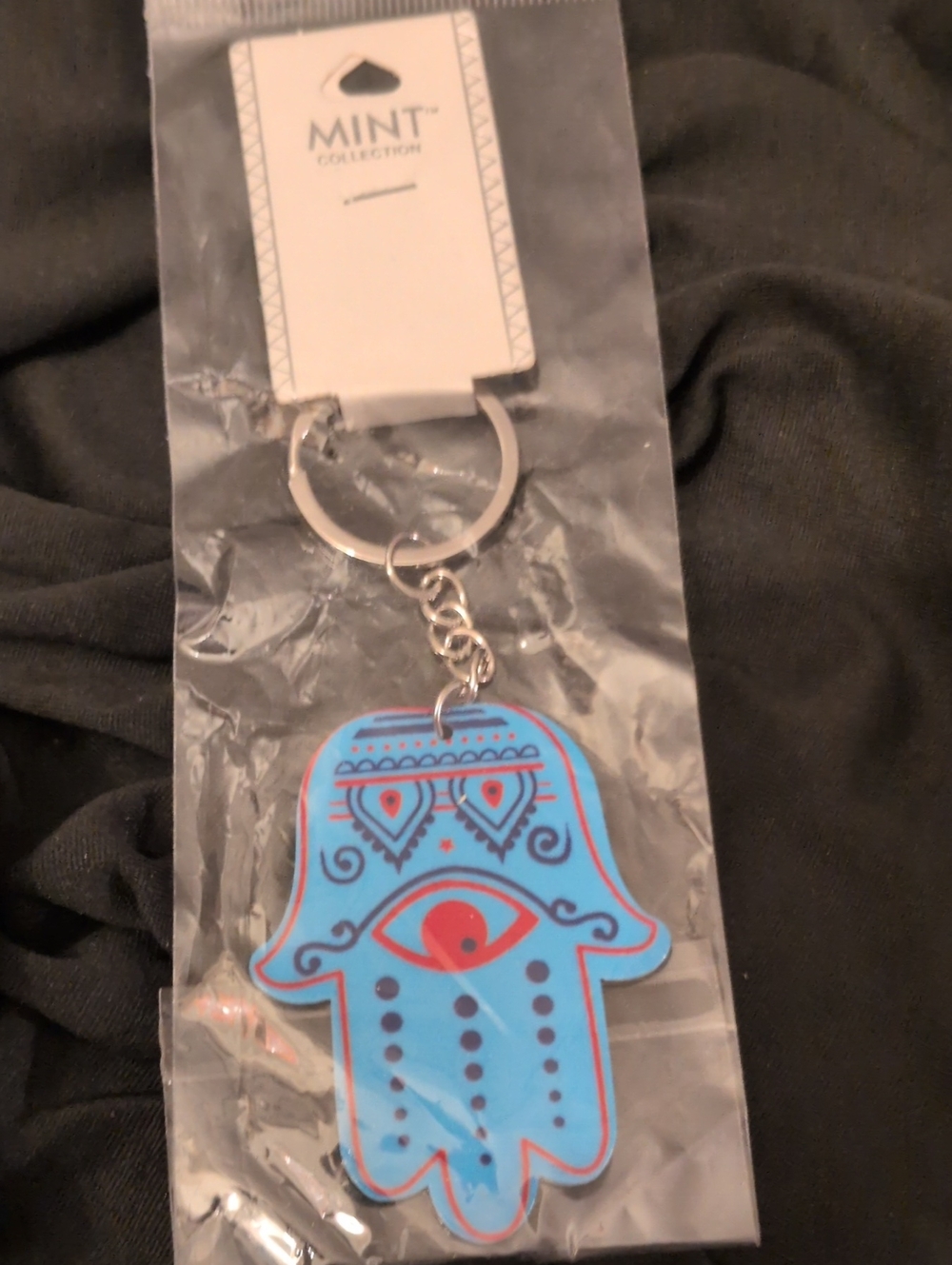 Mint Blue and Red Hamsa Keychain